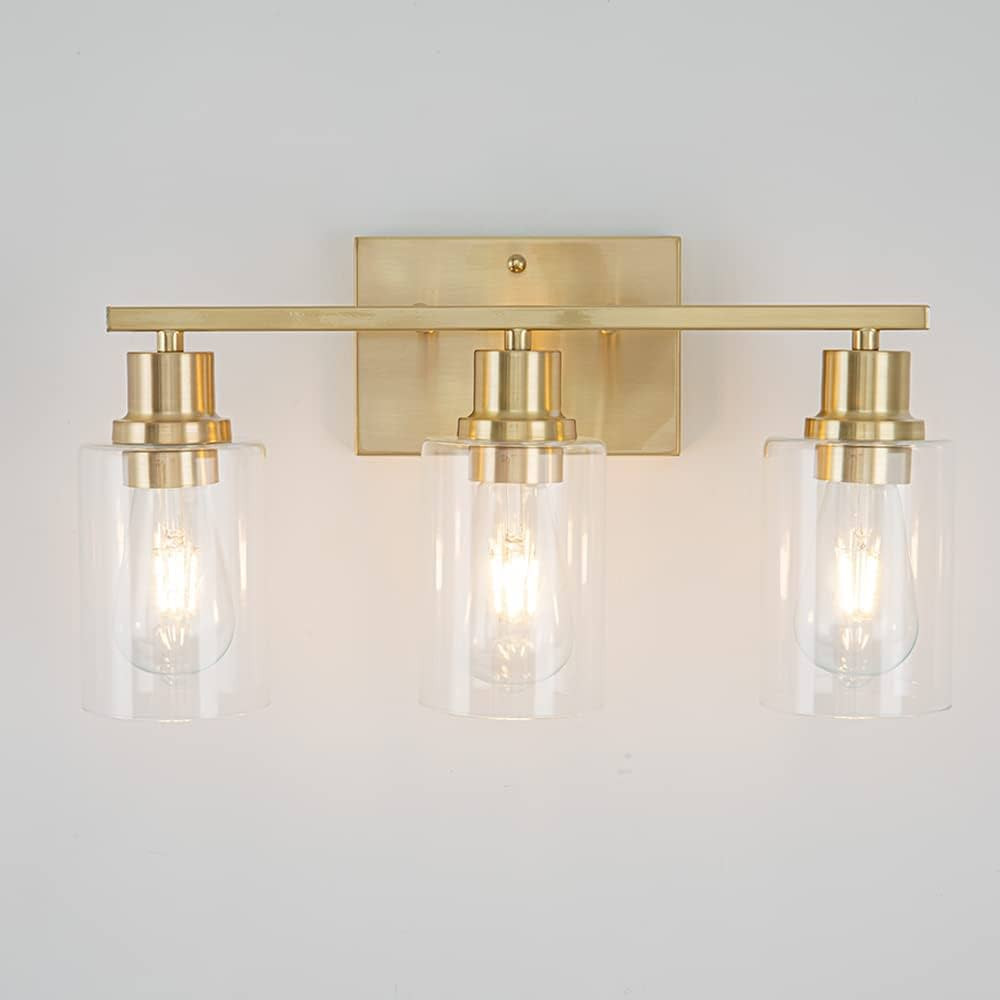 EMONG Gold Bathroom Light Fixtures, 3-Lights Vanity Light with Clear Glass Shade, Brushed Brass W... | Amazon (US)