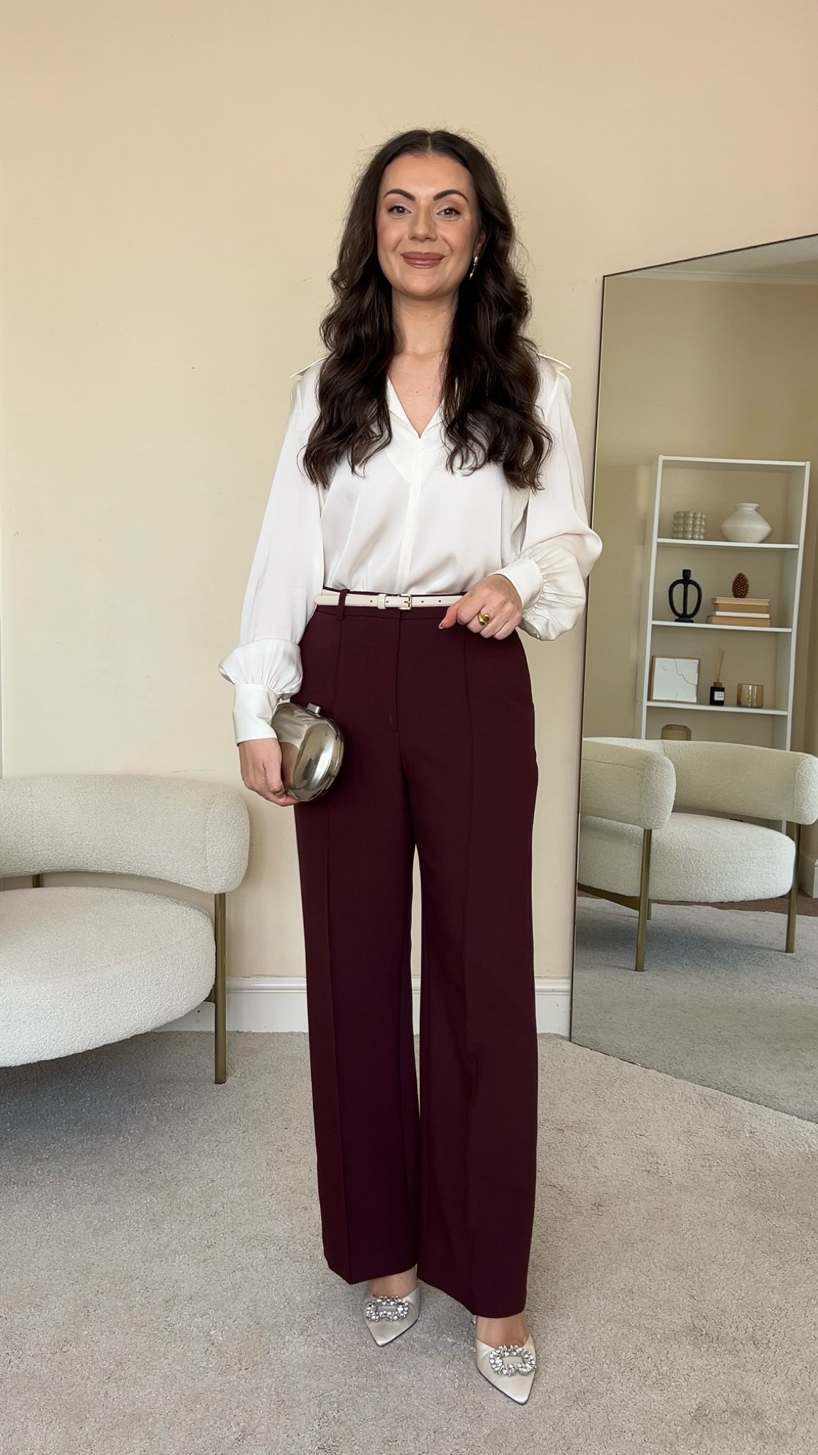 Styling burgundy trousers for holiday party/Christmas party outfit. Blouse is LilySilk, wearing size S. Use code Larisa20 to save 20% off your purchase. Trousers are H&M, wearing size UK10. Heels are old from Next. Clutch bag is old from H&M.

#LTKwinter #LTKstyletip #LTKpartywear