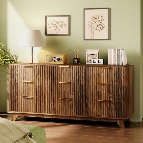 Bonnlo Fluted Dressers Chest of Drawers,57" Fluted Wide Modern Dresser with Metal Handle, Curved Profile Design, Wood Drawer Organizer for Bedroom, Walnut | Amazon (US)