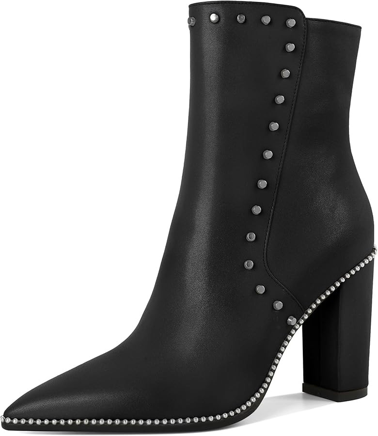 YODEKS Women's Ankle Booties 3.7 Inch Heel Chunky Boots Rivet Beaded Studded Pointed Toe Side Zip... | Amazon (US)