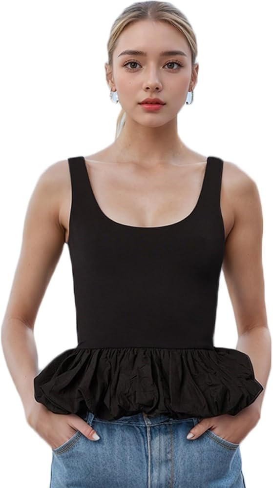 Women Ruffle Bubble Hem Tank Top Scoop Neck Backless Going Out Crop Tops Sleeveless Peplum Y2k Ca... | Amazon (US)