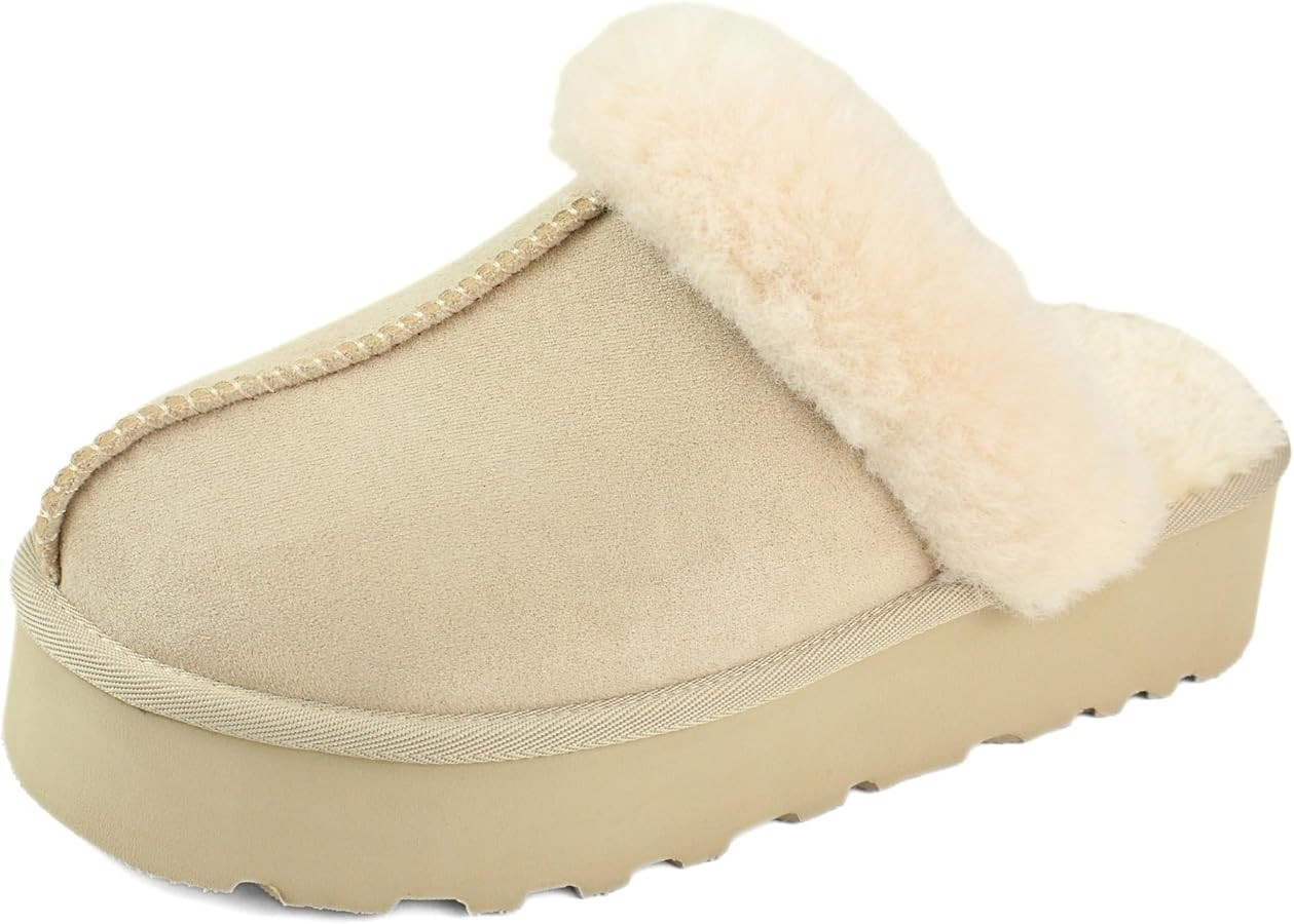 Fuzzy Platform Slippers for Women, Cozy House Slippers Thick Sole Non-Slip, Faux Fur Vegan Suede ... | Amazon (US)