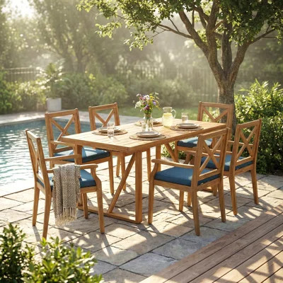 7 Pieces Acacia Wood Outdoor Dining Set With Blue Cushions,Modern 6 Chairs 1 Large Table | Wayfair North America
