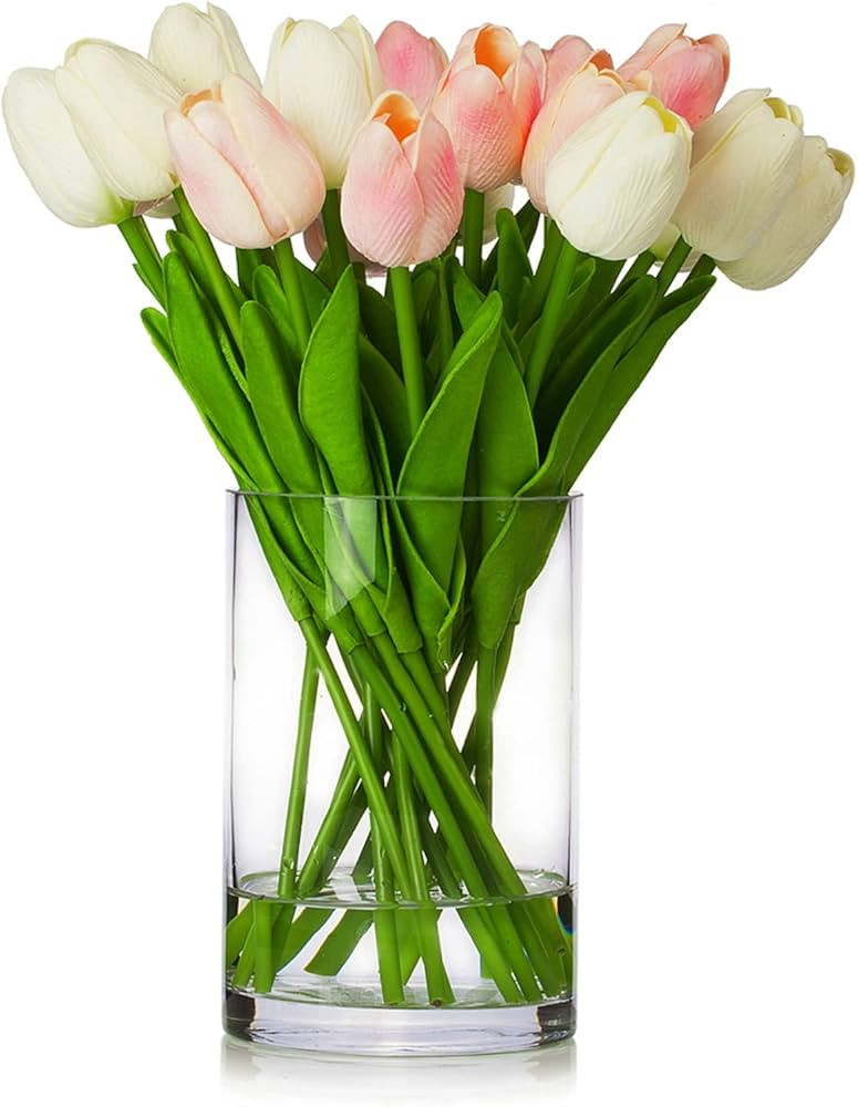 ENOVA FLORAL 20 Heads Real Touch Artificial Tulips Flowers in Vase, Mixed White and Pink Tulips F... | Amazon (US)