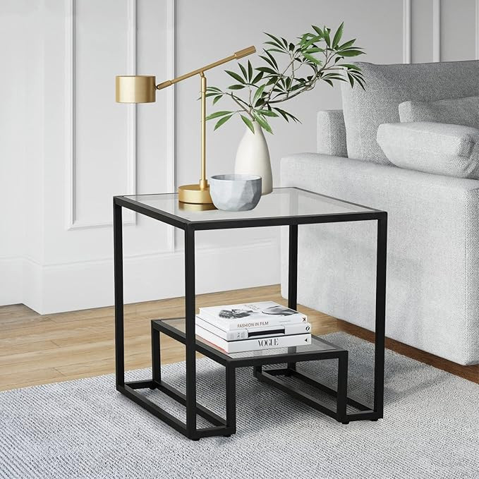 MAISON ARTS Side Table Black Glass End Table Nightstand, Bed Side Table/Night Stand, Morden Square E | Amazon (US)