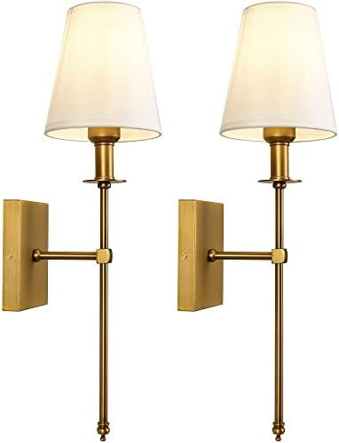 TERLEENART Modern Antique Brass Wall Sconce Set of 2 with White Fabric Shade and Long Slim Arm,Wa... | Amazon (US)