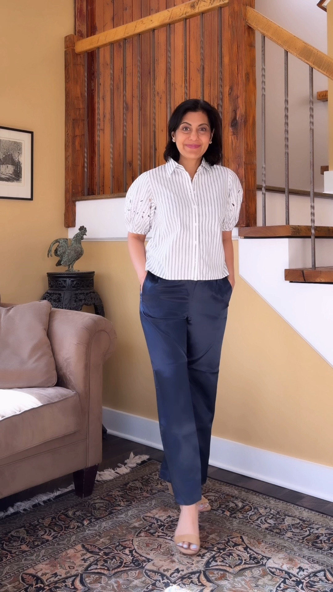 This cute little puff sleeve top adds volume to my top and covers my midlife belly.  I'm wearing a size 4 (but I think it's petite friendly - I'm 5'4") 💙 Nipa 

#puffsleevetop #poplinblouse #cottontop #embroideredtop

#LTKootd #LTKOver40 #LTKPetite