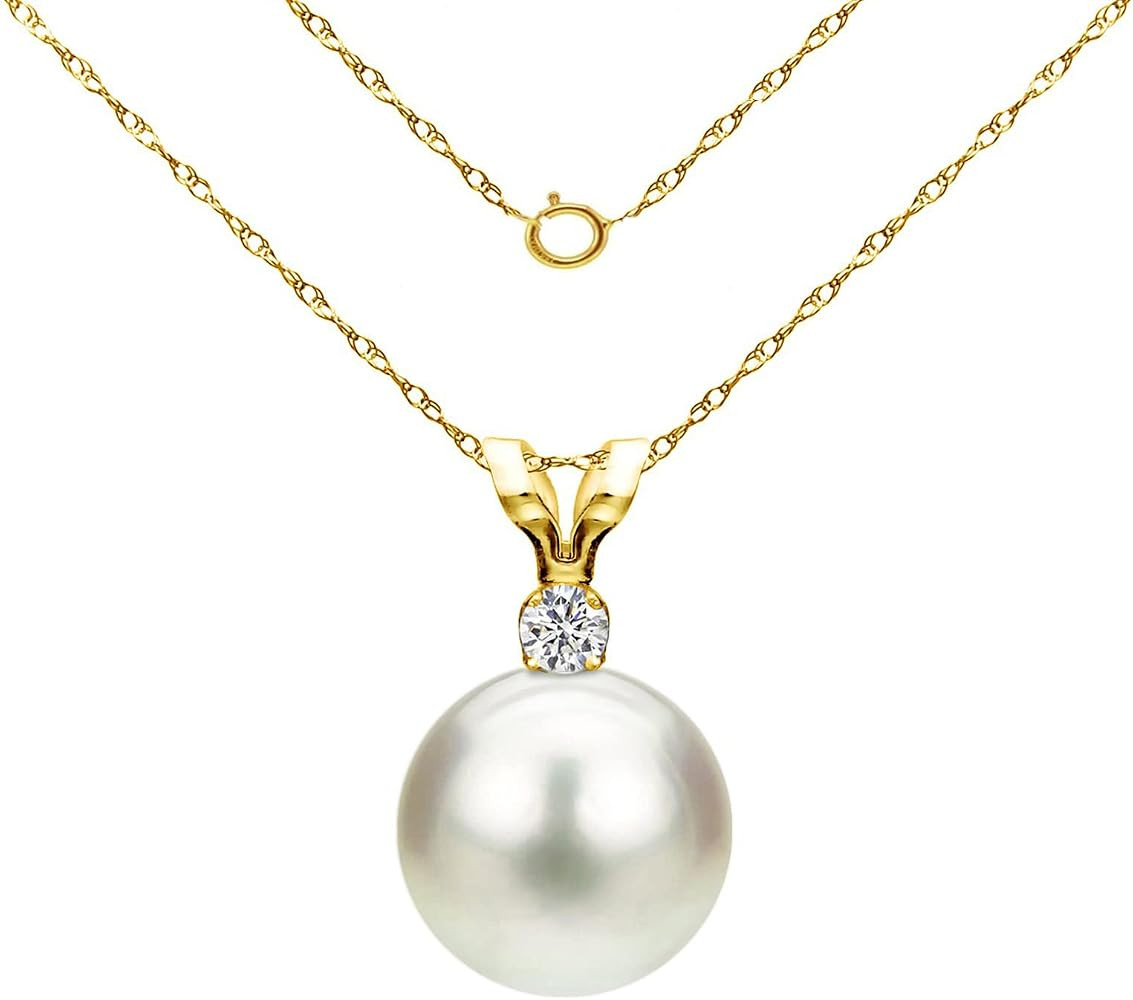 14K Yellow Gold 1/100 Ct Diamond & White 7-7.5mm Freshwater Cultured Pearl Pendant Necklace (G-H,... | Amazon (US)