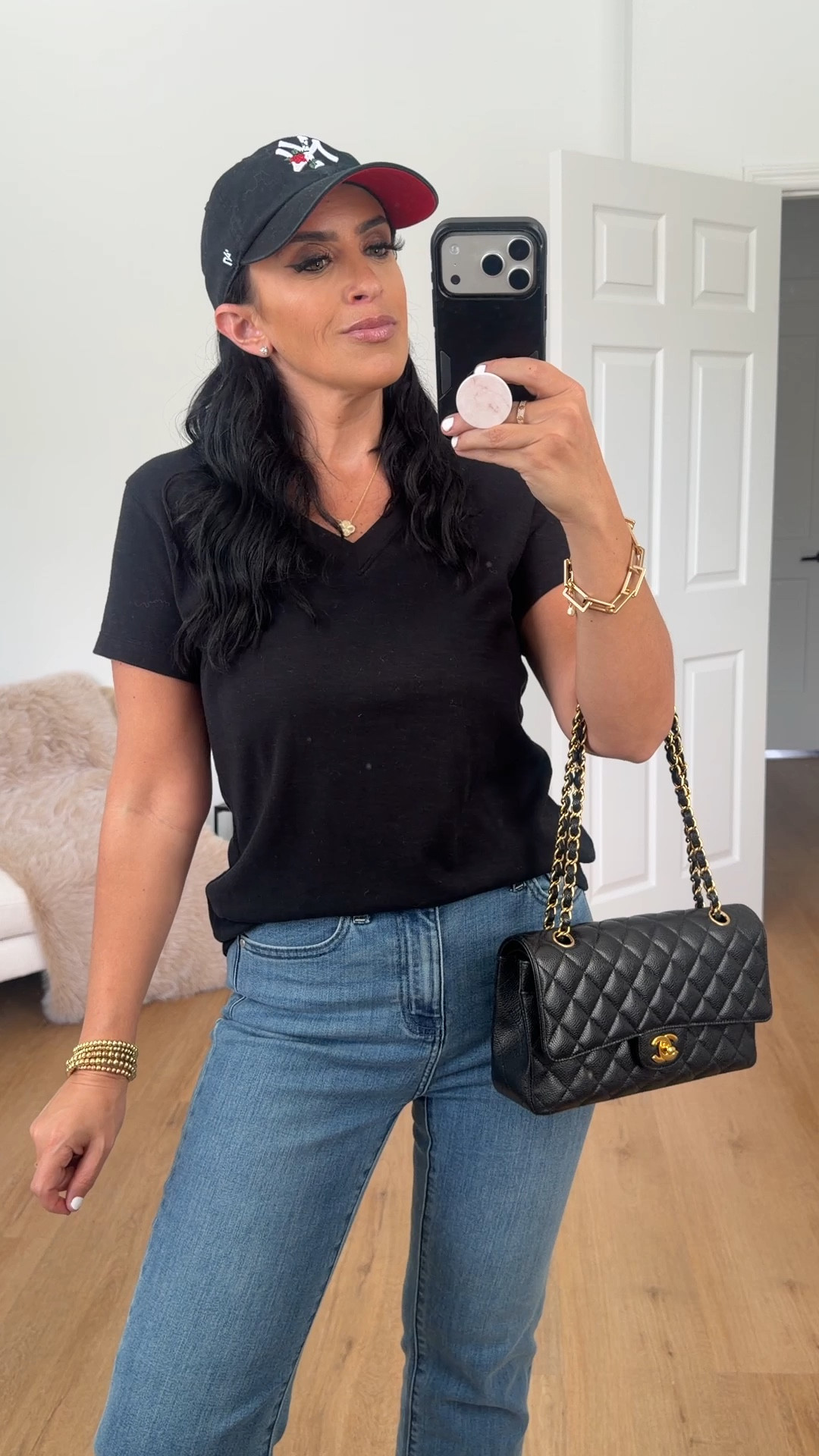 Quince 100% Organic Cotton Slub V-Neck Tee wearing size medium only $19. Quince Bella Stretch Straight Jeans wearing size 27 only $50. 