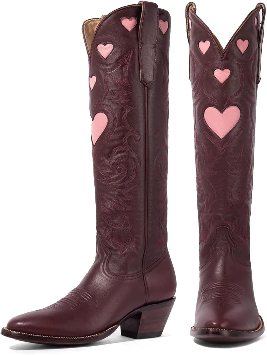 Knee High Boots for Women Heart Embroidered Western Boots Round Toe | Amazon (US)