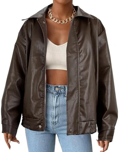 Faux Leather Jacket Women Brown Pleather Bomber Jacket Oversized Leather Blazer Motorcycle Jacket Biker Jacket Winter Coat Brown M | Amazon (US)