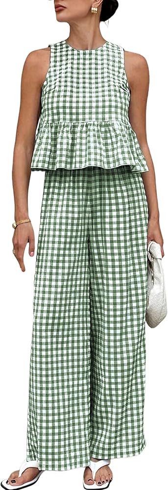 Tanming Women's 2 Piece Set Outfits Gingham Plaid Tank Tops Wide Leg Pants Matching Lounge Sets | Amazon (US)