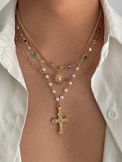 $3.00 -21% $3.80  Save $0.15 off this item after joining. 4pcs Vintage Metal Geometric Round Pendant Multilayer Necklace, Women Punk Style Jesus Cross Pendant Necklace 4.80 (100+) #4 Bestseller in Gold Women Layered Necklaces  Style Type 4-piece Set 4-piece Set Style 3 4-piece Set Style 4 Size / Color Click to buy Qty:  Almost sold out!  | SHEIN