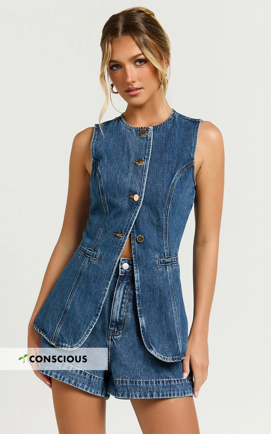 Button Down Longline Recycled Denim Vest Top in Dark Blue Wash | Showpo (US, UK & Europe)