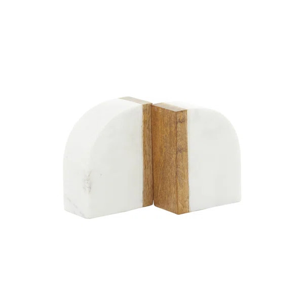 White Marble Bookends with Wood Details 4"W, 5"H (Set of 2) | Wayfair North America