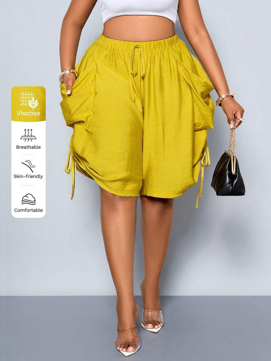 SOLERSUN Plus-Size Women's Mustard Yellow Drawstring Shorts,Summer Boho Holiday Casual Loose-Fitt... | SHEIN