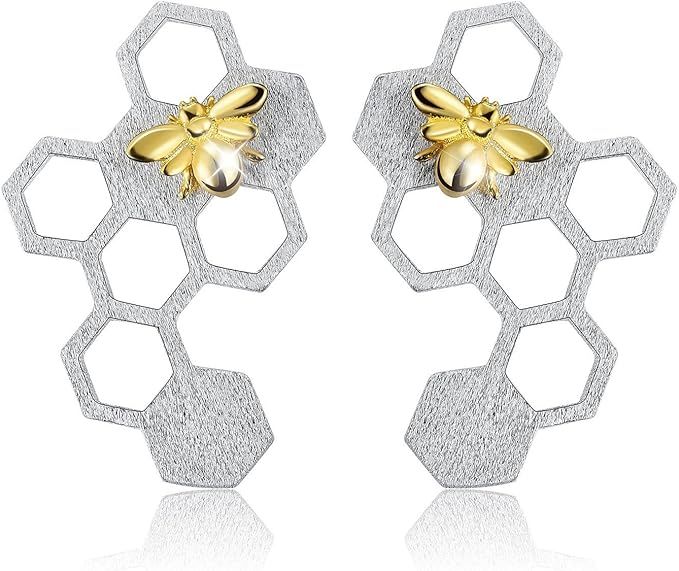 Lotus Fun ♥Gifts for Mother's Day♥14K Yellow Gold Plated 925 Sterling Silver Bee Stud Earring... | Amazon (US)