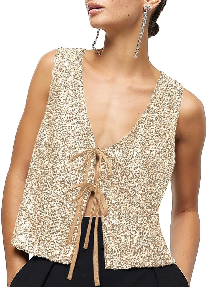 Imily Bela Womens Sequin Vest Sleeveless V Neck Tie Front Sparkly Party Waistcoat | Amazon (US)