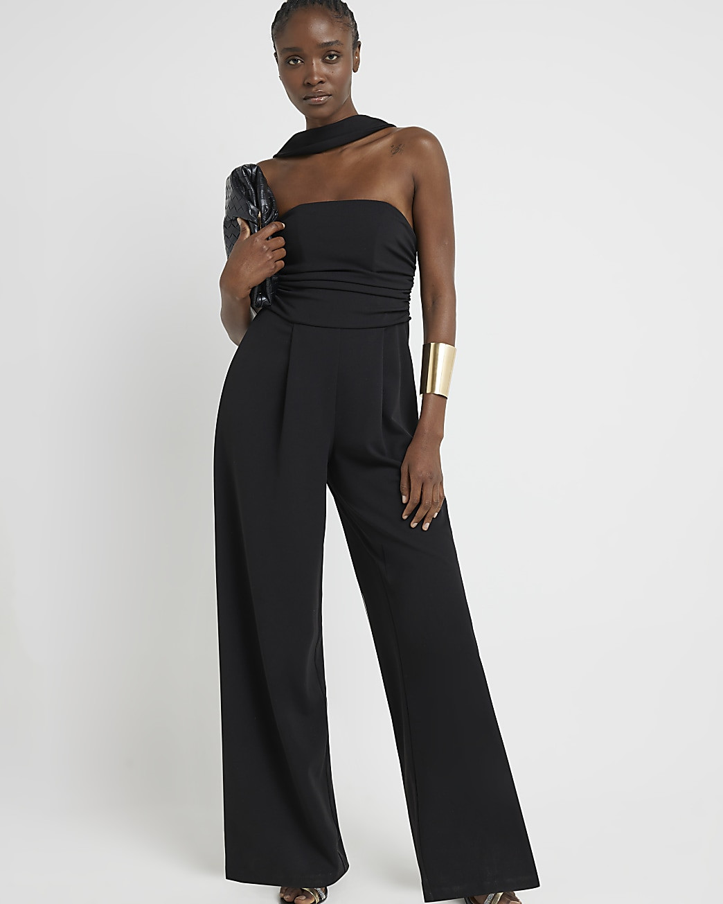 Black ruched top wide leg jumpsuit | River Island (UK & IE)