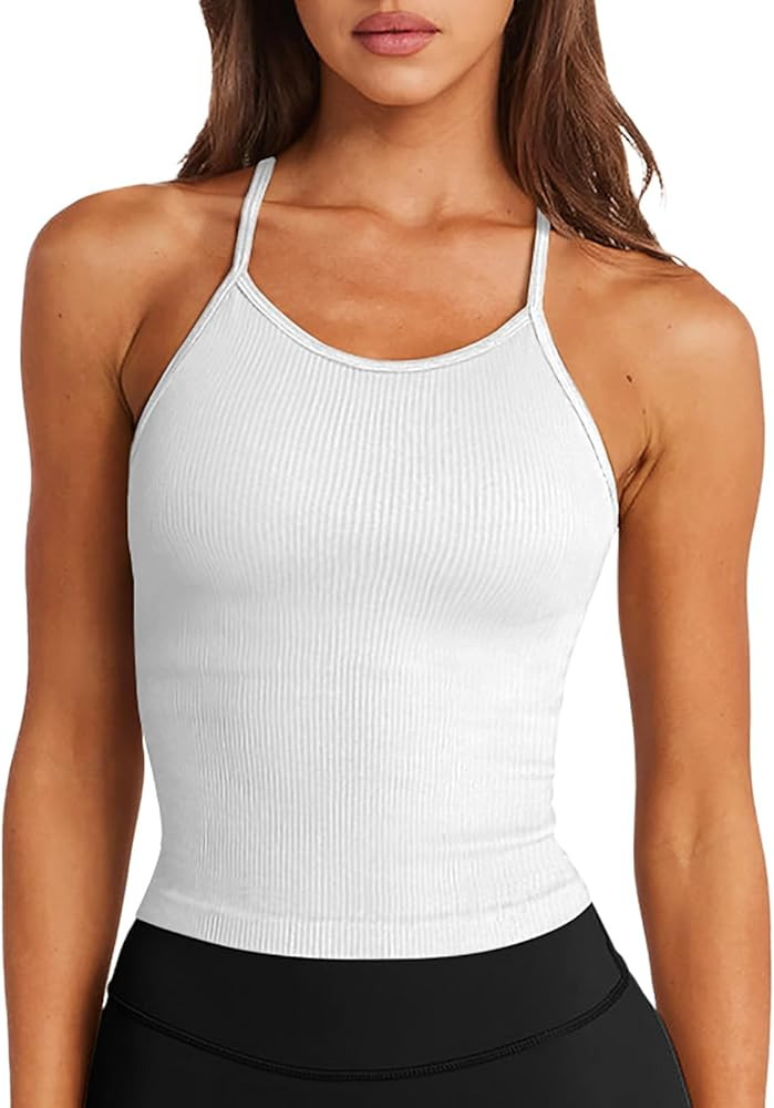 LASLULU Womens Sports Bra Seamless Long Crop Tank Racer Back Spaghetti Strap Workout Yoga Bra Pad... | Amazon (US)