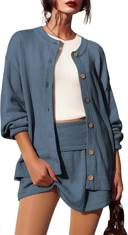 Womens Sweater Set 2 Piece Long Sleeve Mini Skirt Set Button Down Cardigan and Skort Sets Matchin... | Amazon (US)