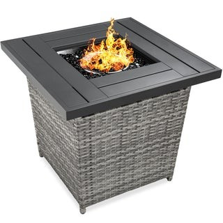 28in Fire Pit Table 50,000 BTU Wicker Propane w/ Faux Wood Tabletop, Cover | Best Choice Products 
