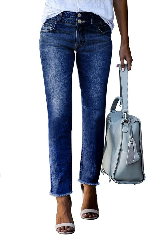 Sidefeel Women's High Waisted Jeans Strechy Spring Fashion Raw Hem Straight Leg Zimbaplatinum Ank... | Amazon (US)