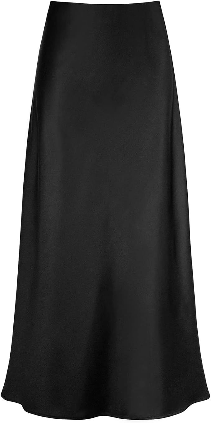 Outoshe Women's Satin High Waisted Maxi Skirts Hidden Elasticized Waistband A Line Long Skirt | Amazon (US)