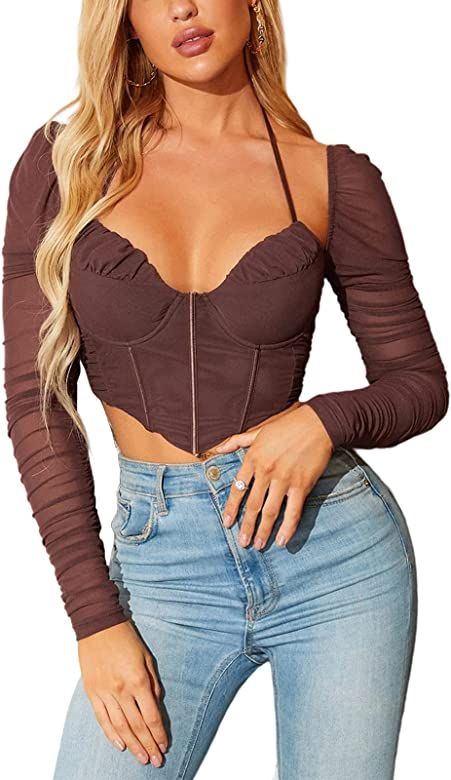 HTZMO Women's Long Sleeve Corset Crop Top Tie Up Halter Bustier Zip Boned Sexy Fashion Blouses | Amazon (US)