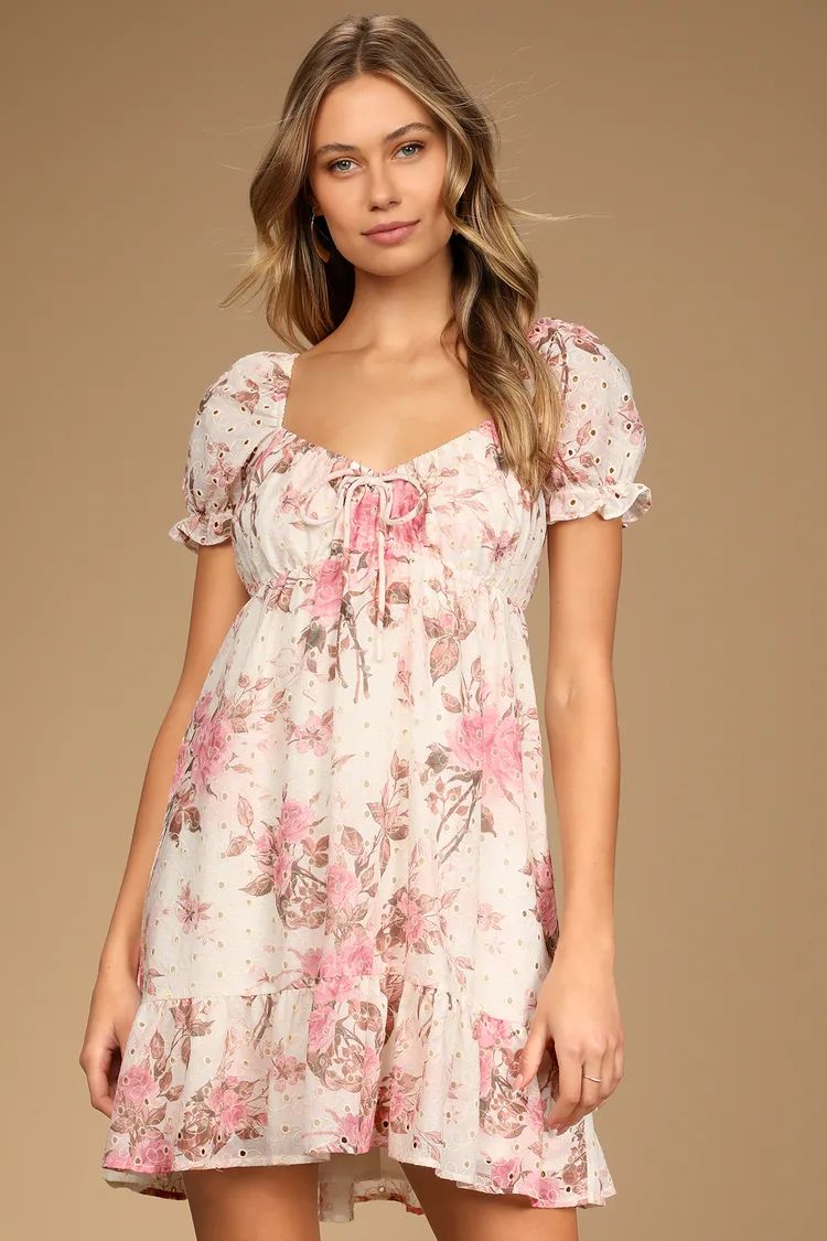 Sweetest Take White Floral Print Eyelet Babydoll Mini Dress | Lulus (US)
