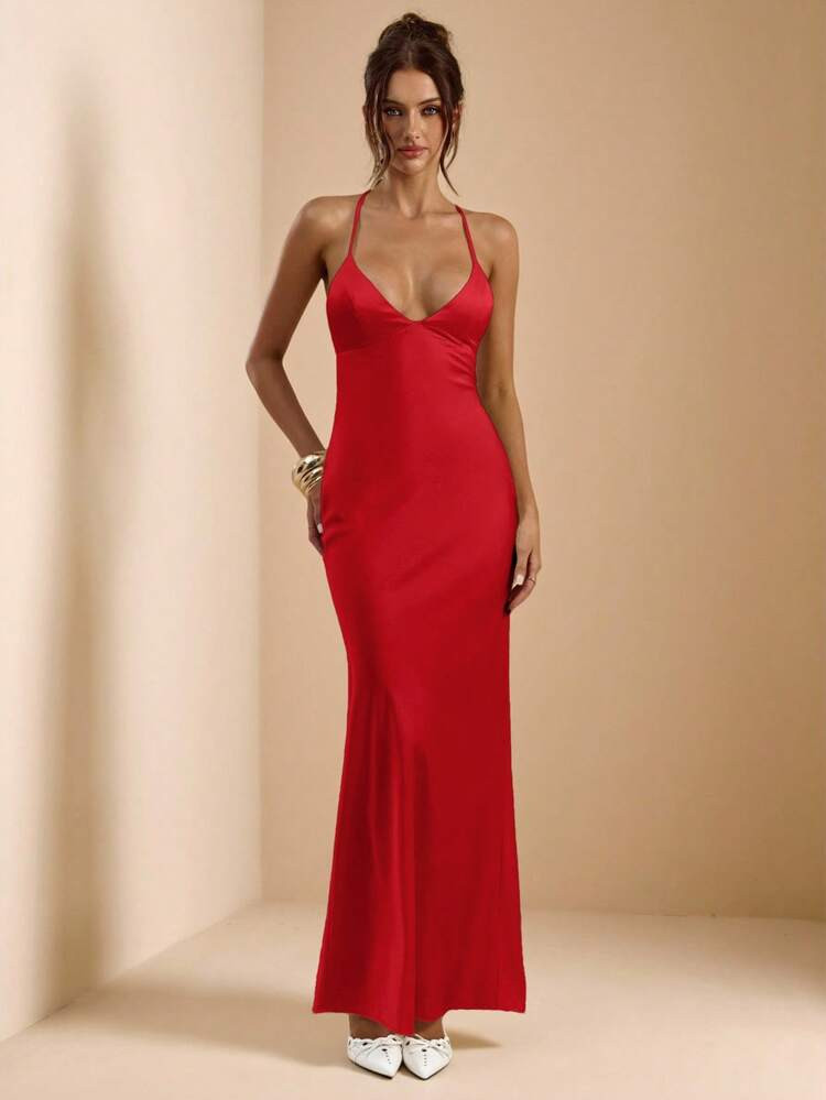 SHEIN BAE Apricot & White Deep V-Neck Spaghetti Strap Super Long Backless Tie Satin Mermaid Dress, Elegant Dress, Vacation Dress, Bridesmaid Dress, Birthday Party Dress, Graduation Dress, White Dress | SHEIN