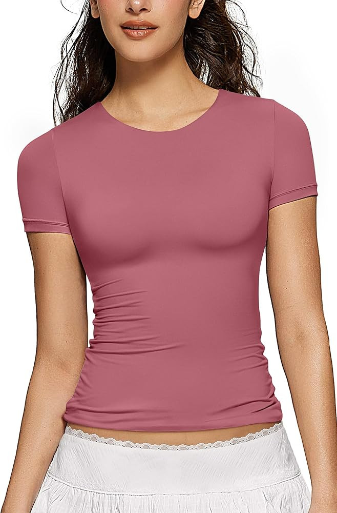 OEAK Womens Summer Short Sleeve Tops Crew Neck Double Lined T Shirts Basic Tees Slim Fit Shirts C... | Amazon (US)