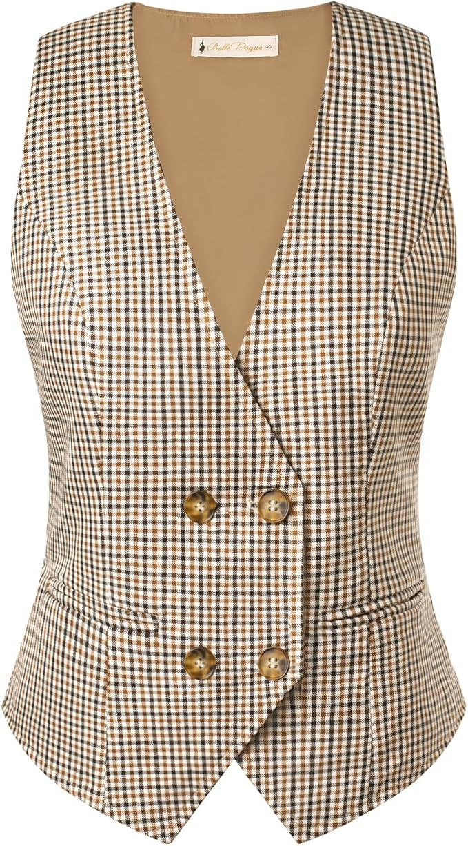 Belle Poque Waistcoat Vest Tops for Women Sleeveless V-Neck Double Breasted Work Office Stripe Su... | Amazon (US)