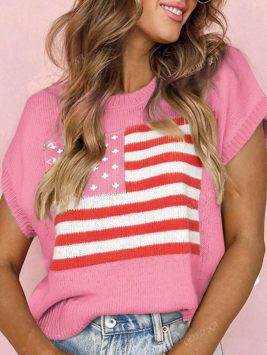 Spring And Autumn Fashion Casual Women's American Flag Jacquard Pattern Short Sleeve Cap Sleeve R... | SHEIN