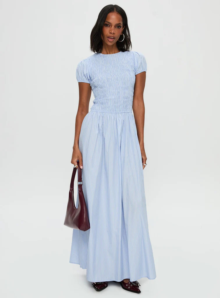 Wendelin Shirred Maxi Dress Blue Stripe | Princess Polly US