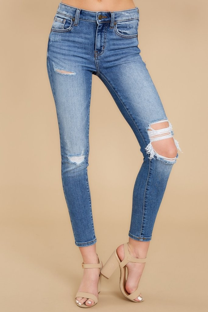 In Action Medium Wash Distressed Skinny Jeans | Red Dress 