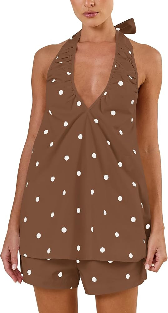 Polka Dot Short Sets for Women Deep V Neck Sleeveless Halter Top High Rise Shorts Matching 2 Piec... | Amazon (US)