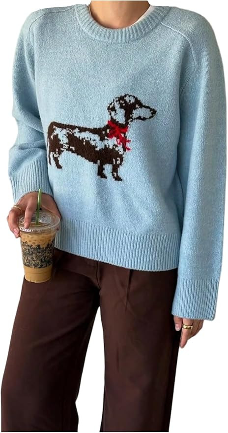 Verdusa Women's Dog Graphic Sweater Soft Pullover Sweaters Cozy Cute Knit Tops Trendy Fall Clothe... | Amazon (US)