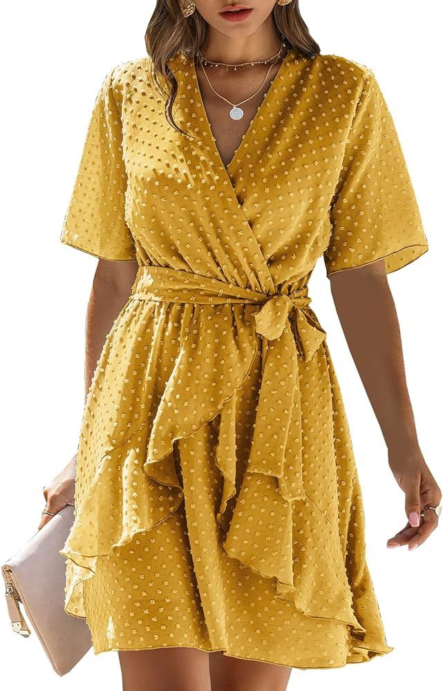 BTFBM Women Fashion Faux Wrap Swiss Dot V-Neck Short Sleeve High Waist A-Line Ruffle Hem Plain Be... | Amazon (US)