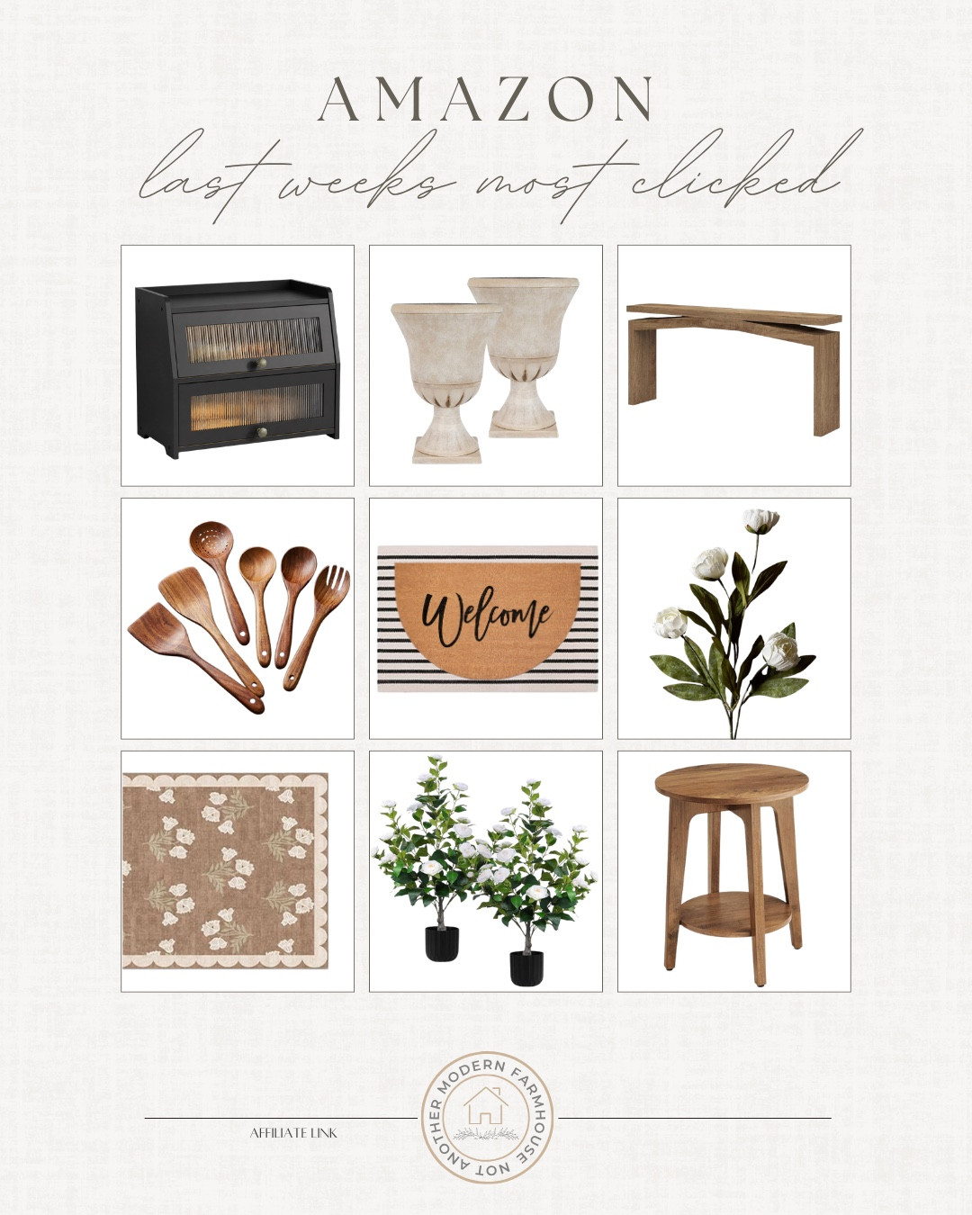 Last weeks most clicked products include side table, outdoor faux florals, rug, outdoor rug and doormat combo, wooden utensils, outdoor planters, sideboard, and bread storage. 

Home decor, best sellers, looks for less, neutral home decor, home accents

#LTKHome #LTKSaleAlert #LTKSeasonal