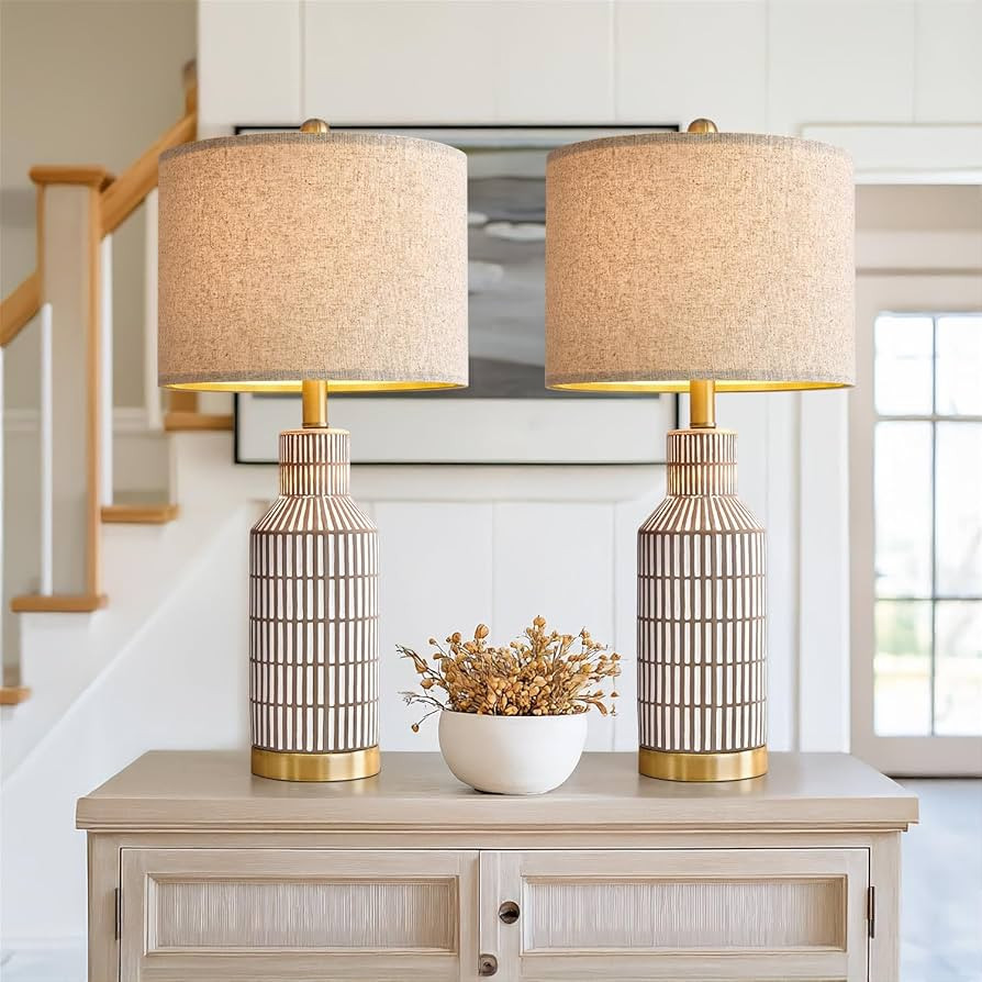 25" Table Lamps Set of 2, Modern Ceramic Bedside Lamps - Farmhouse Brown Nightstand Lamps for Bed... | Amazon (US)