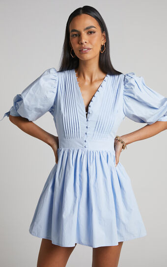 Zandra Mini Dress - Puff Sleeve Poplin in Icy Blue | Showpo (US, UK & Europe)