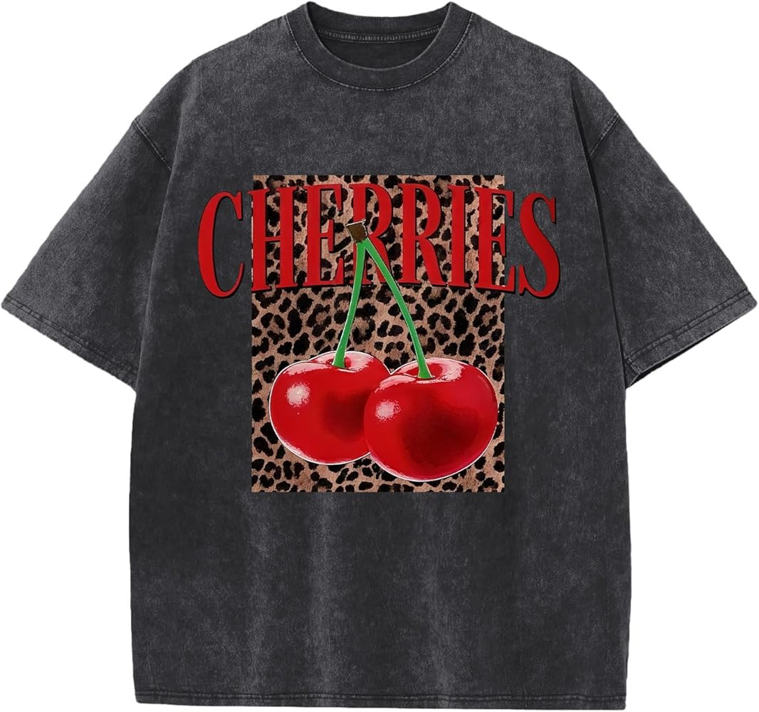 Oversized Cherry Graphic Tees for Women Vintage Leopard Cherry Fruit Shirt Acid Wash Crewneck Str... | Amazon (US)
