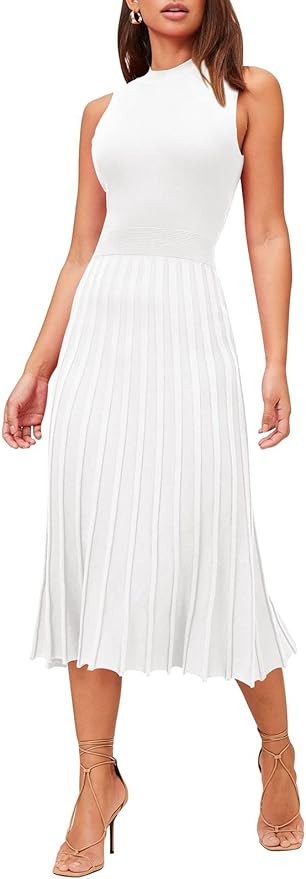 Pink Queen Women's Crew Neck Sleeveless High Waisted Bodycon Pleated Ribbed Swing Knit Midi Dress... | Amazon (US)