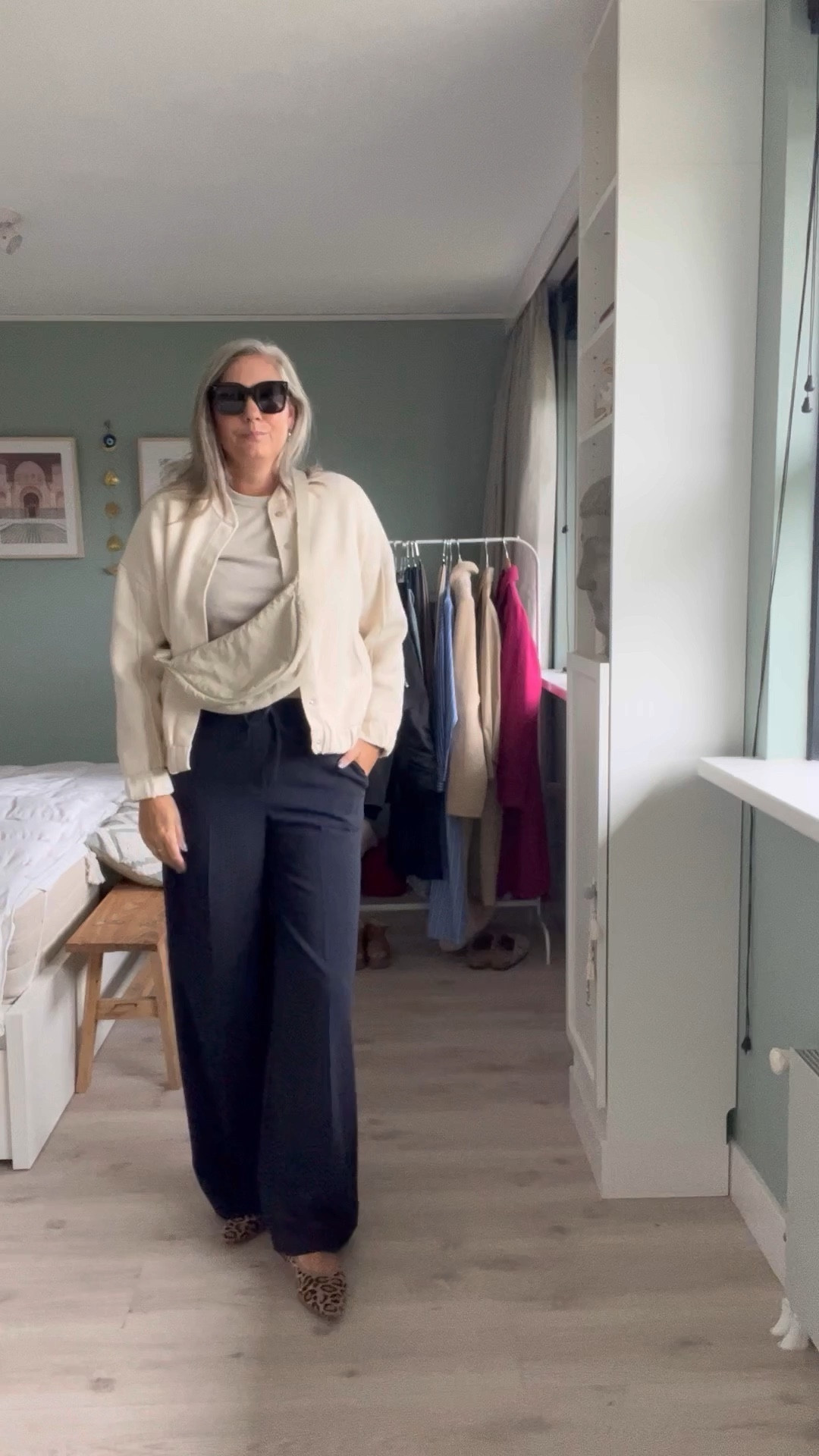 30 days of fall outfits 

Supima cotton beige taupe greige t-shirt paired with navy crepe trousers, Vivaia leopard print ballet flats, beige cream knitted bomber jacket, viral crossbody bag and oversized sunglasses. 

#LTKmidsize #LTKSeasonal #LTKover40