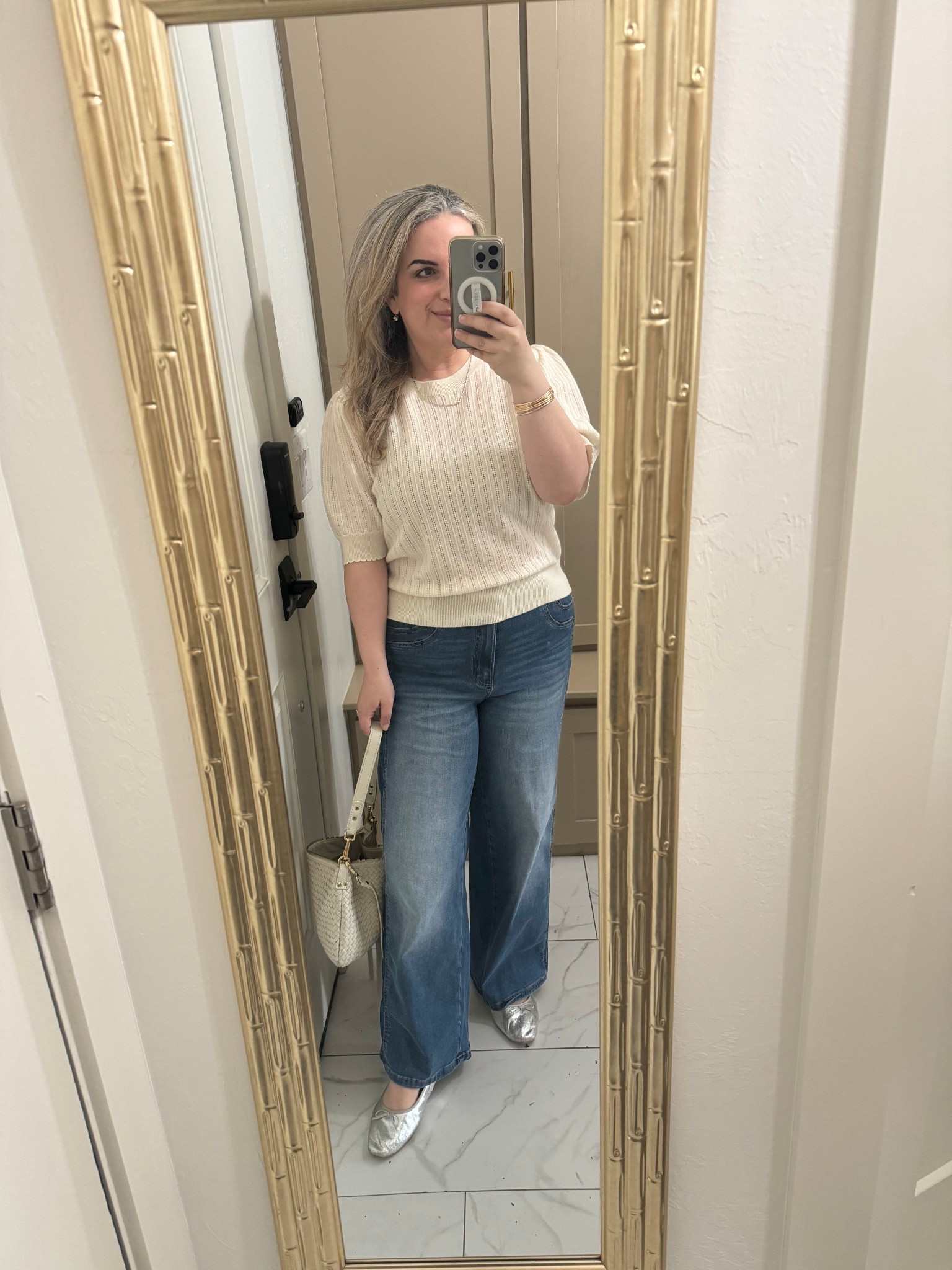 This pointelle cashmere sweater is so soft and perfect for Fall to winter transition. Comfy wide leg jeans and my favorite woven bag from Quince that looks like Clare V

#LTKootd #LTKPetite #LTKMidsize
