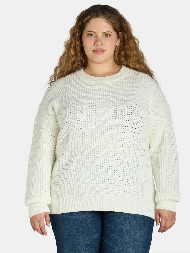 Time and Tru Women's and Women's Plus Waffle Stitch Sweater with Long Sleeves, Midweight, Sizes X... | Walmart (US)