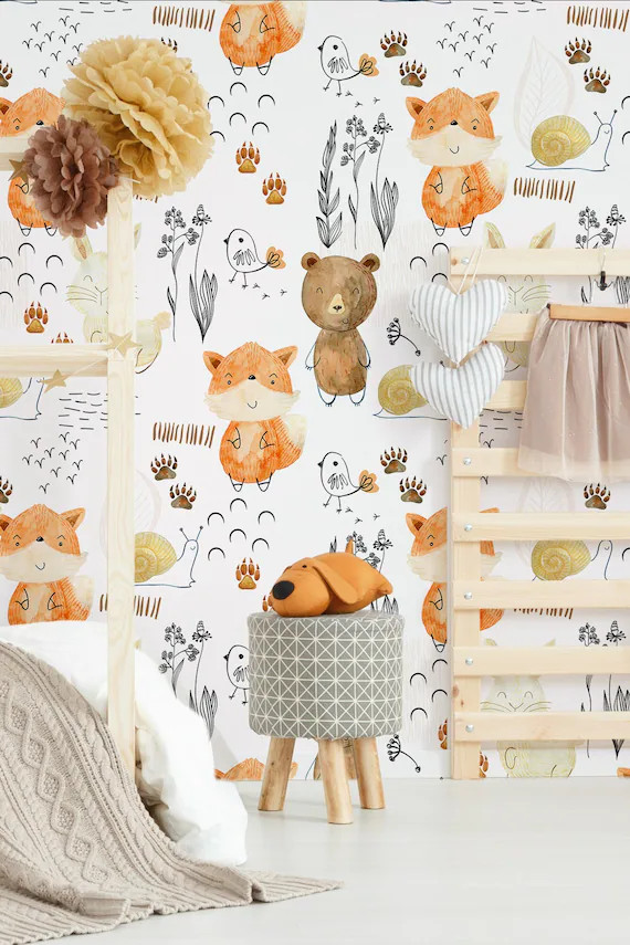 Woodland animals wallpaper, kids removable wallpaper, nursery decor, peel and stick self adhesive... | Etsy (US)