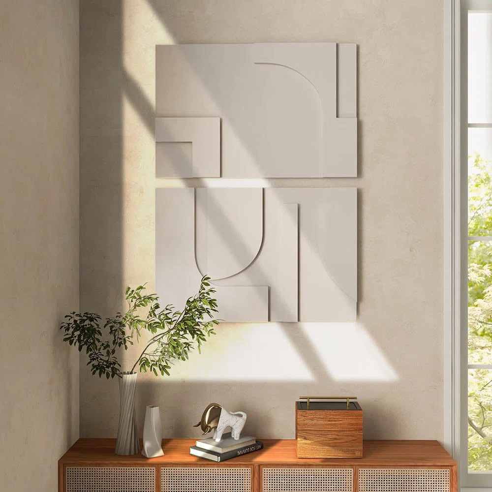 2 Pieces Japandi Abstract Wall Decor For Living Room 3D Hanging Art In White | Wayfair North America