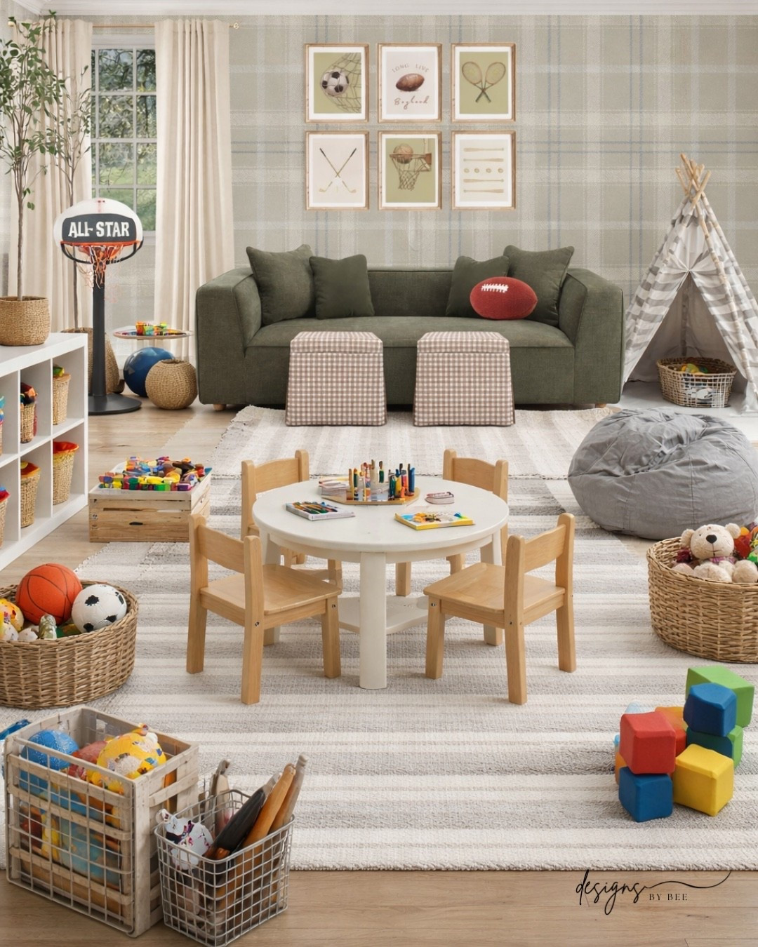 boys playroom ideas, sports themed playroom, neutral playroom decor, kids game room ideas, cozy game room decor, basement game room, blue plaid wallpaper room, gingham chairs neutral, playroom seating, kids lounge seating, bean bag chairs for kids, media console styling, large tv living room setup, cozy family movie night space, neutral rug living room, woven basket decor, layered neutral textures 

 #LTKHome #LTKBaby #LTKKids